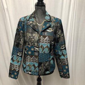 Dressbarn Jacket Womens Medium Brown Teal Patchwork Tapestry Design Blazer READ